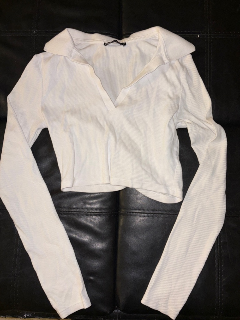 Zara White Ribbed Polo Collar Top